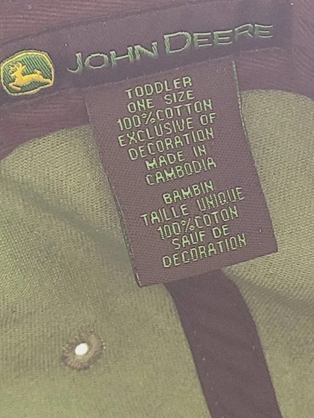 John Deere Toddler One Size Green Baseball Hat Cap Embroidered Logo Elastic Back